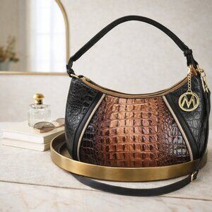 Mia K Elegant Black and Brown Vegan Croc-Embossed Women's Bag